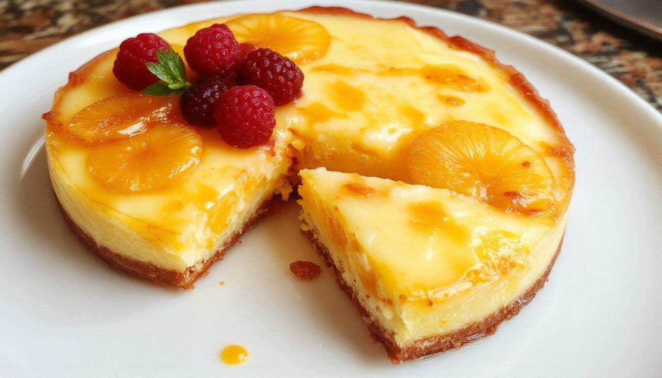 Imagem de uma tarte de pudim de laranja dourada, com uma crosta fina e uniforme, enchida de creme de laranja vibrante. A tarte é decorada com raspas de laranja e polpa fresca, apresentada sobre uma tábua de madeira clara, com uma fatia já servida ao lado, mostrando a textura cremosa e brilhante do interior.