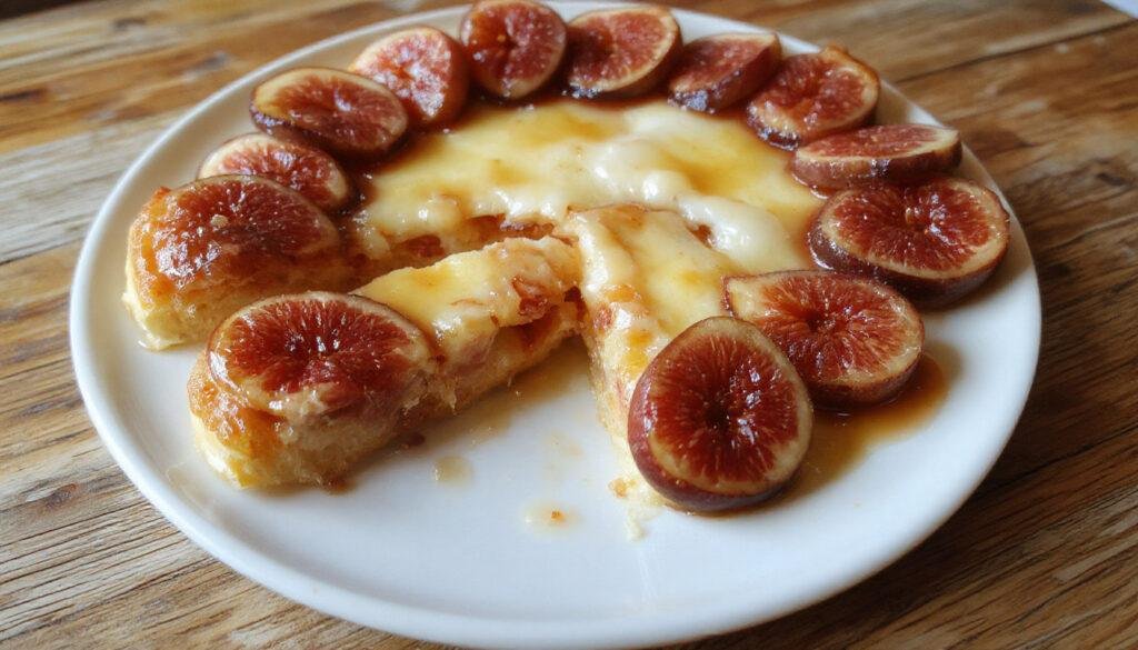 Tarte rústica de figos aberta, com cobertura generosa de figos frescos cortados, queijo ricota esfarelado, amêndoas torradas e um fio de mel dourado, em uma tábua de madeira com fundos brancos suaves, destacando cores vibrantes dos ingredientes e textura crocante da massa.