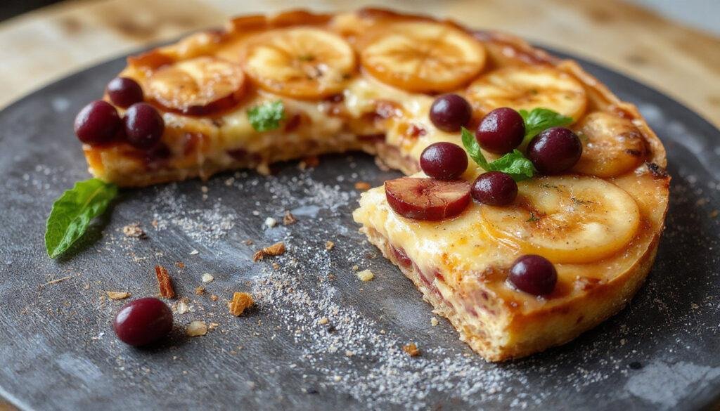 Uma tarte de atum dourada, com massa crocante e recheio cremoso, decorada com folhas verdes e um leve toque de pimenta vermelha, apresentada em um prato branco sobre uma toalha de mesa colorida, capturada de um iPhone 13 Pro.