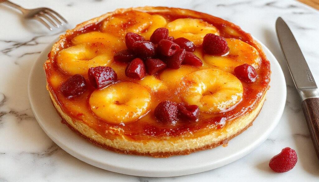 Uma tarte de maçã muito cremosa apresentada em um prato branco com uma crosta dourada. As fatias revelam um recheio amanteigado de maçã coberto com uma camada cremosa e brilhante, decorada com fatias finas de maçã e pó de açúcar, luz suave destacando sua textura sedosa e aparência apetitosa.