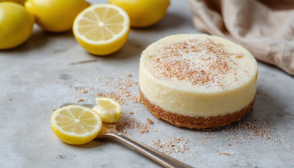 Taça de sobremesa com tiramisù de limão, camada de creme amarelo claro, pedaços de limão decorando na borda, textura cremosa e suave, apresentação elegante em prato branco.