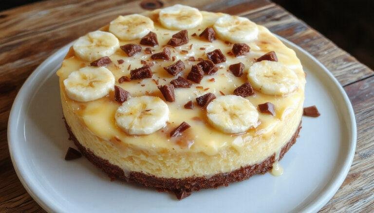 Torta banoffee de aspecto irresistível, com uma_base dourada crocante, camada cremosa de banana e doce de leite, decorada com raspas de chocolate e fatias de banana sobre um prato elegante, exibindo texturas variadas e cores quentes e convidativas.