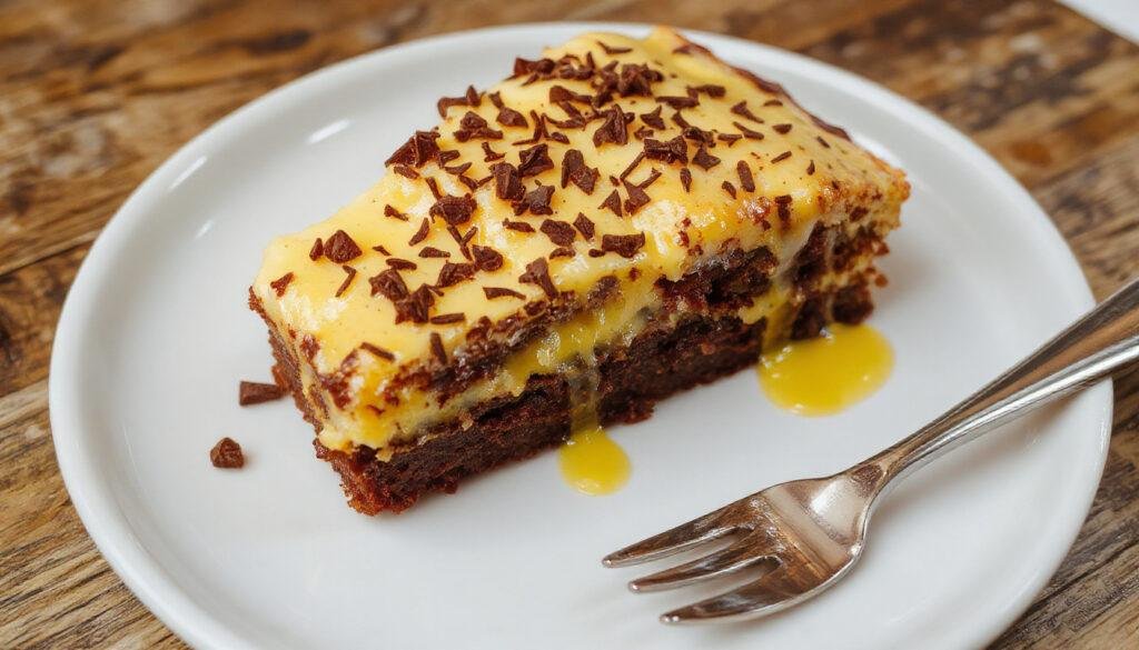 Torta brownie com camada superior de mousse de maracujá amarelo vibrante, decorada com raspas de chocolate e um toque de dessert elegante, apresentada em um prato branco sobre uma mesa de madeira, iluminação suave destacando as texturas aveludadas e crocantes da torta, com um fundo discretamente desfocado.