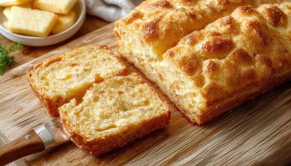Torre de torta fria de pão de forma decorada com camadas de recheios coloridos, coberta com maionese e decorada com azeitonas e ervas, apresentada em um prato branco sobre uma mesa de madeira, iluminação suave realçando as texturas e cores vibrantes dos ingredientes.