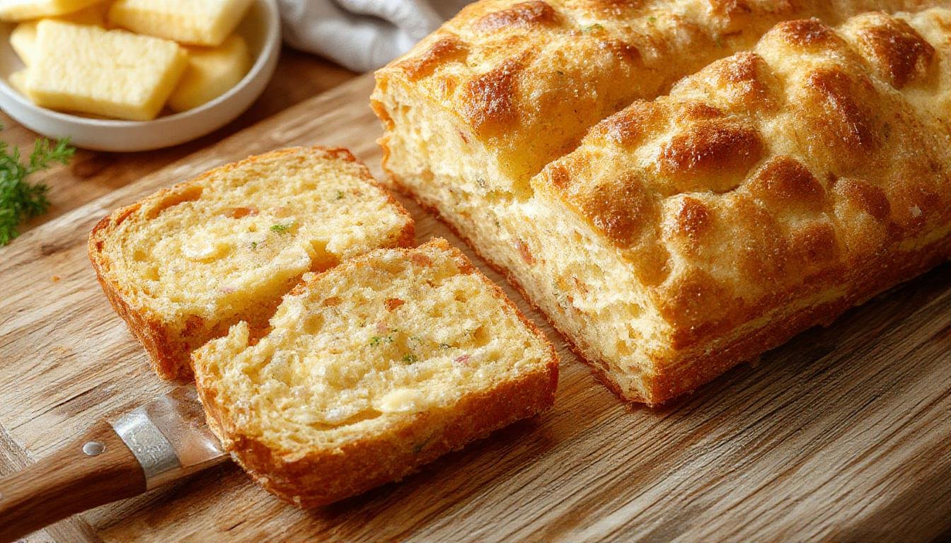 Torre de torta fria de pão de forma decorada com camadas de recheios coloridos, coberta com maionese e decorada com azeitonas e ervas, apresentada em um prato branco sobre uma mesa de madeira, iluminação suave realçando as texturas e cores vibrantes dos ingredientes.