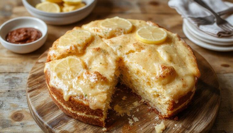 Uma fatia de torta de limão com cobertura trufada, apresentando uma crosta dourada e uma camada cremosa de limão, decorada com raspas de limão e uma calda brilhante, colocada sobre um prato branco com fundo desfocado que destaca sua aparência elegante e saborosa.