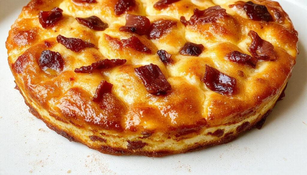 Imagem de uma torta de abobrinha com bacon dourada, cortada em fatias, exibida em um prato branco sobre uma toalha de cozinha rústica, com uma crosta crocante e recheio colorido de abobrinha verde e bacon crocante visível em cada fatia, o interior suave e bem recheado do quiche é destacado na foto com uma iluminação natural quente.