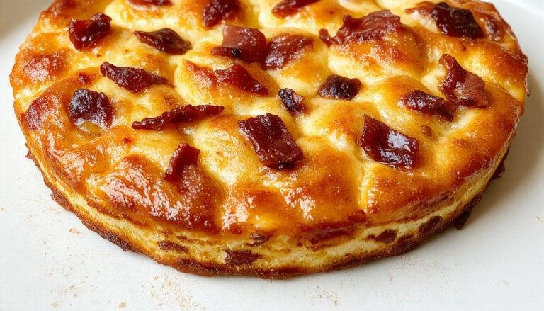 Imagem de uma torta de abobrinha com bacon dourada, cortada em fatias, exibida em um prato branco sobre uma toalha de cozinha rústica, com uma crosta crocante e recheio colorido de abobrinha verde e bacon crocante visível em cada fatia, o interior suave e bem recheado do quiche é destacado na foto com uma iluminação natural quente.