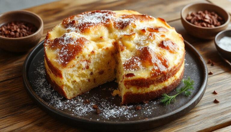 Torta de atum cremosa servida em uma fatia na frente de um prato branco, com uma crosta dourada e recheio macio visível, decorada com um ramo de salsa.