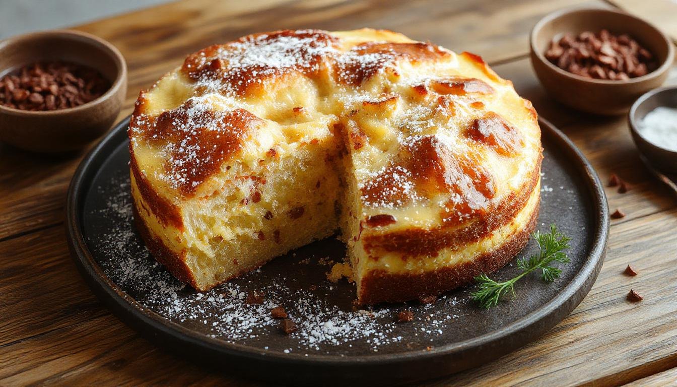Torta de atum cremosa servida em uma fatia na frente de um prato branco, com uma crosta dourada e recheio macio visível, decorada com um ramo de salsa.