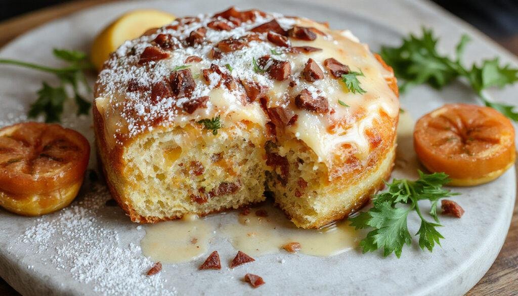 Uma torta de cebola dourada e cremosa, apresentada em uma fatia que revele camadas de cebola caramelizada e massa crocante, decorada com salsinha fresca, em um prato rústico sobre uma toalha de mesa xadrez.