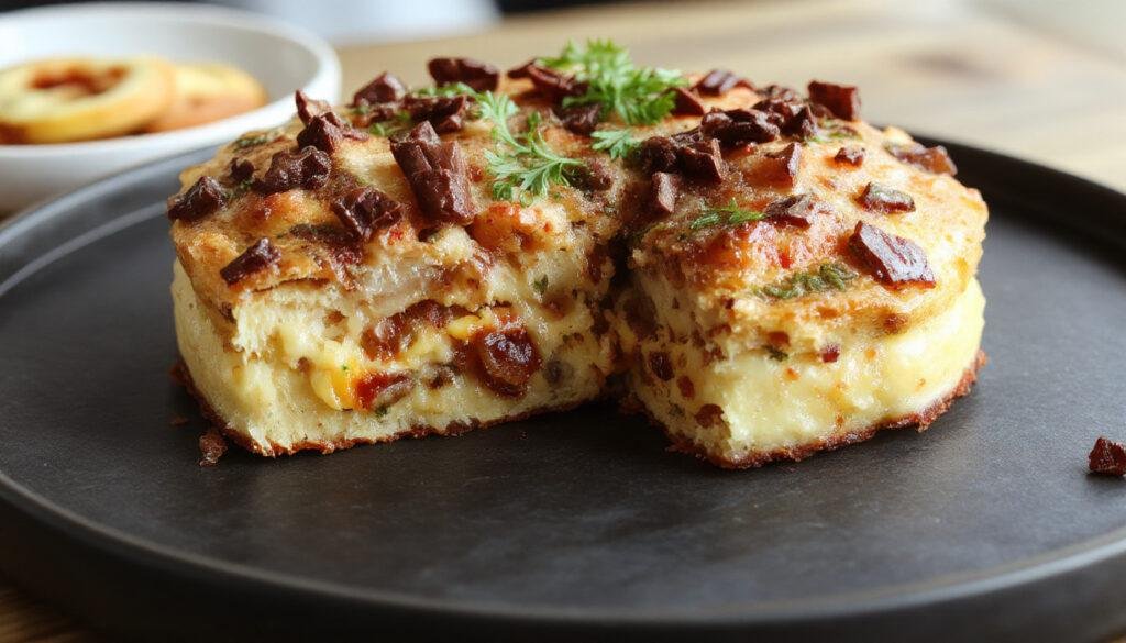 Torta de legumes sem farinha de trigo, com uma crosta dourada e crocante ao redor, recheio colorido de legumes variados como cenoura, abobrinha e pimentão, decorada com folhas verdes, apresentada em uma travessa branca sob iluminação suave, transmitindo uma aparência apetitosa e saudável.