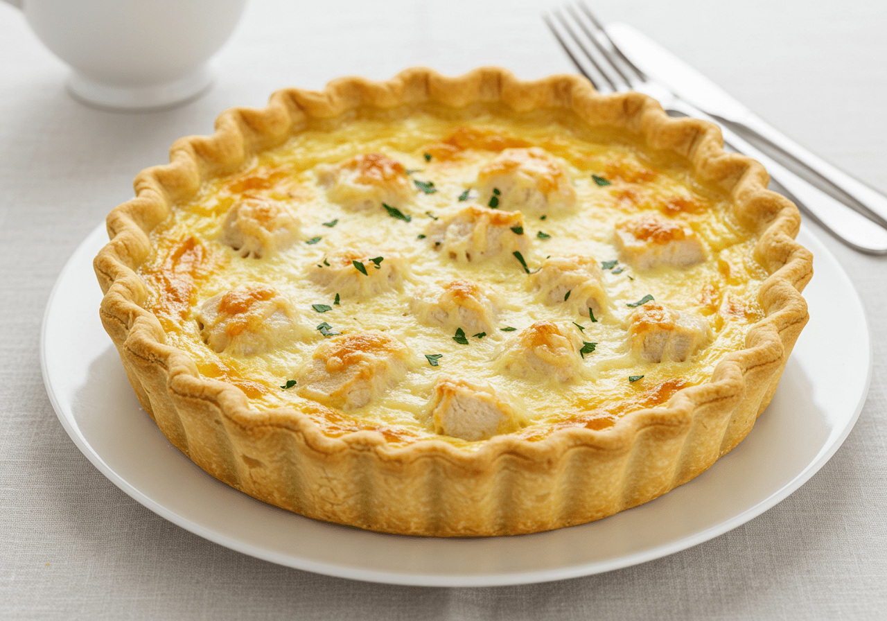 Quiche de frango cremosa em uma crosta dourada, recheio com pedaços de frango, queijo derretido, e ervas verdes, apresentado em um prato branco com utensílios ao lado, iluminação suave ressaltando a textura cremosa e a crocância da massa