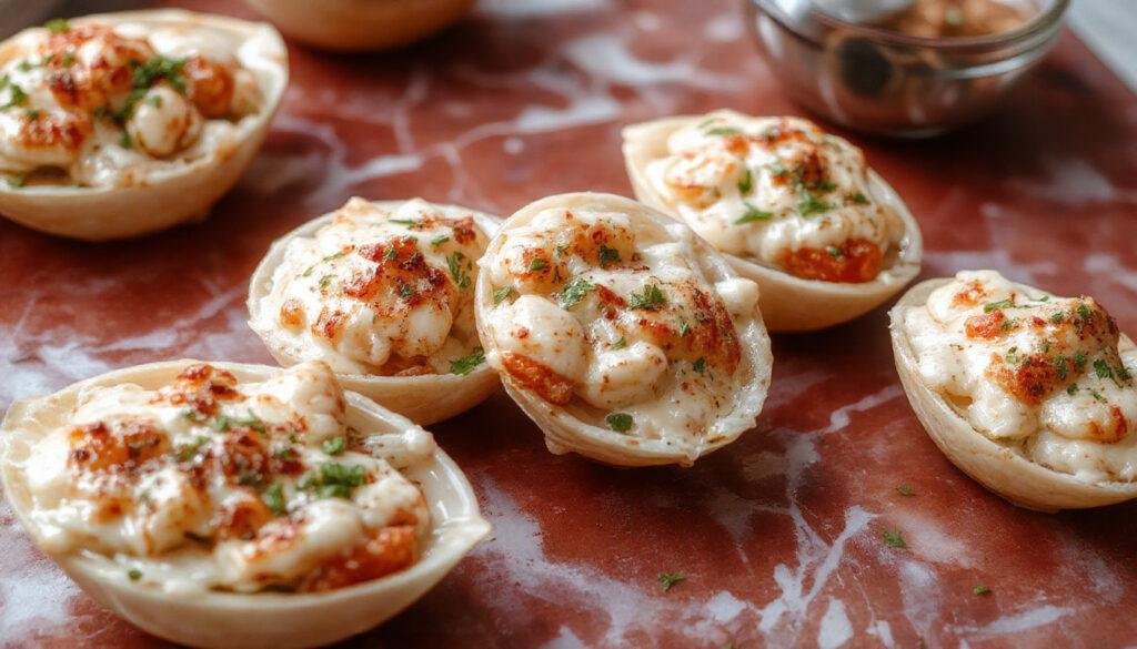 A close-up of creamy seafood stuffed pasta shells arranged on a elegant white platter, topped with fresh parsley and a drizzle of sauce, with garlic bread in the background, vibrant colors and rich textures.
