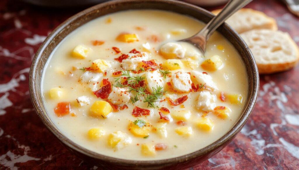 A steaming bowl of creamy chicken corn chowder with tender shredded chicken, bright yellow corn, and green herbs, served in a rustic white bowl on a wooden table with a slice of crusty bread nearby, highlighting its hearty and comforting texture.