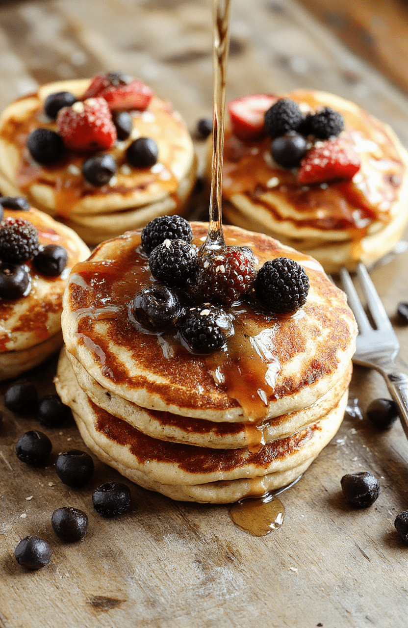 A vibrant plate of six assorted healthy pancakes topped with fresh berries, a drizzle of honey, and a sprig of mint, displayed on a rustic wooden table with natural light highlighting the fluffy textures and colorful toppings.