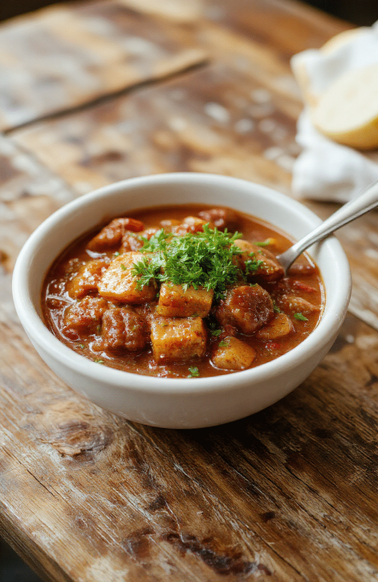 A vibrant bowl of authentic German goulash featuring tender beef chunks immersed in rich, red paprika-infused sauce, garnished with fresh herbs on a rustic wooden table, with crusty bread in the background and a warm, inviting atmosphere.