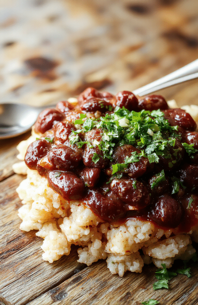 A vibrant bowl of Louisiana red beans and rice featuring tender red beans, fluffy rice, garnished with chopped parsley and smoky sausage slices, styled on a rustic wooden table with warm tones and natural lighting, showcasing rich textures and hearty ingredients.