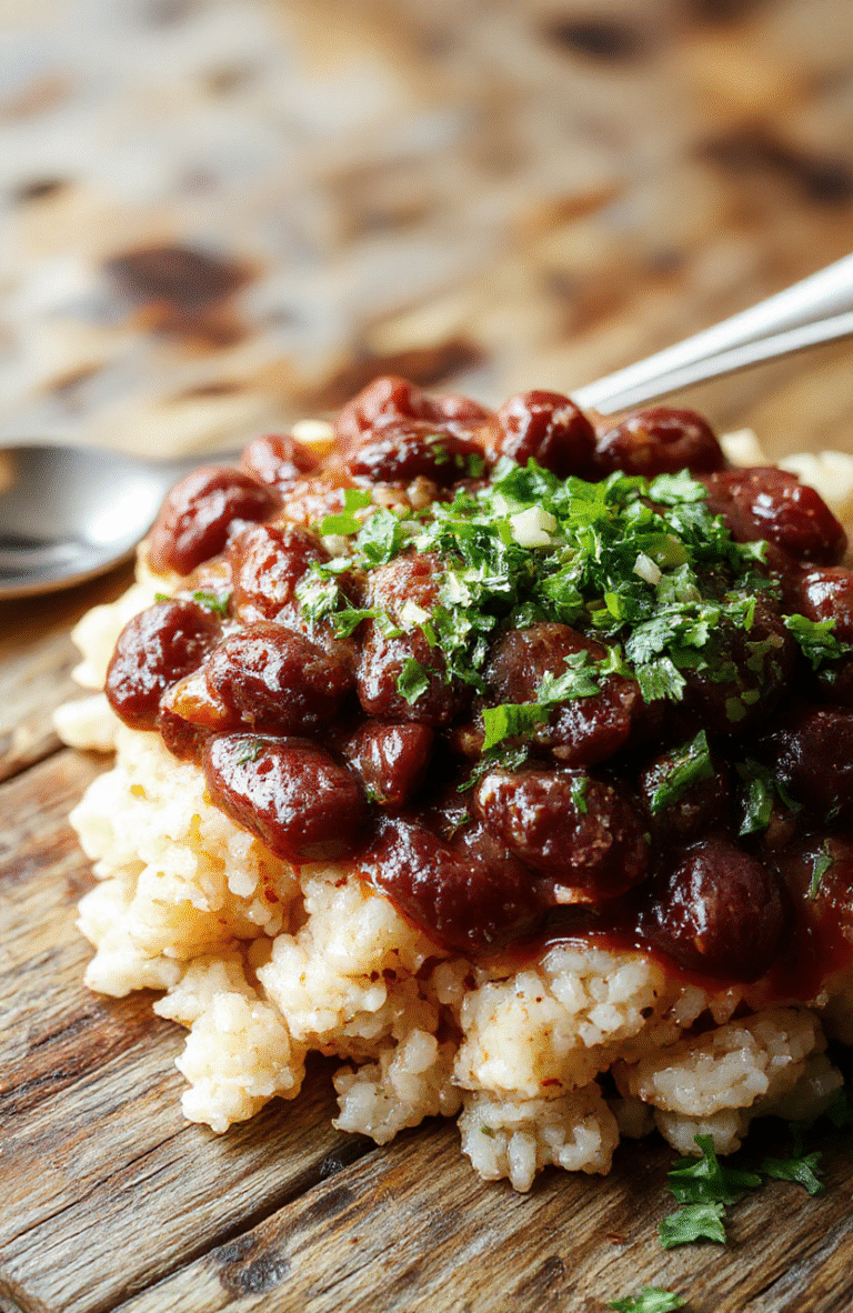 A vibrant bowl of Louisiana red beans and rice featuring tender red beans, fluffy rice, garnished with chopped parsley and smoky sausage slices, styled on a rustic wooden table with warm tones and natural lighting, showcasing rich textures and hearty ingredients.