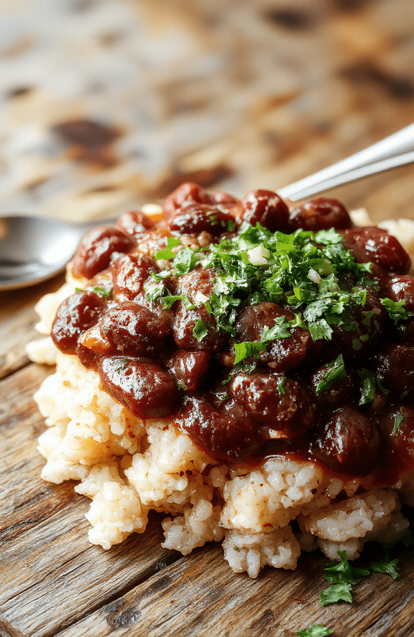 A vibrant bowl of Louisiana red beans and rice featuring tender red beans, fluffy rice, garnished with chopped parsley and smoky sausage slices, styled on a rustic wooden table with warm tones and natural lighting, showcasing rich textures and hearty ingredients.