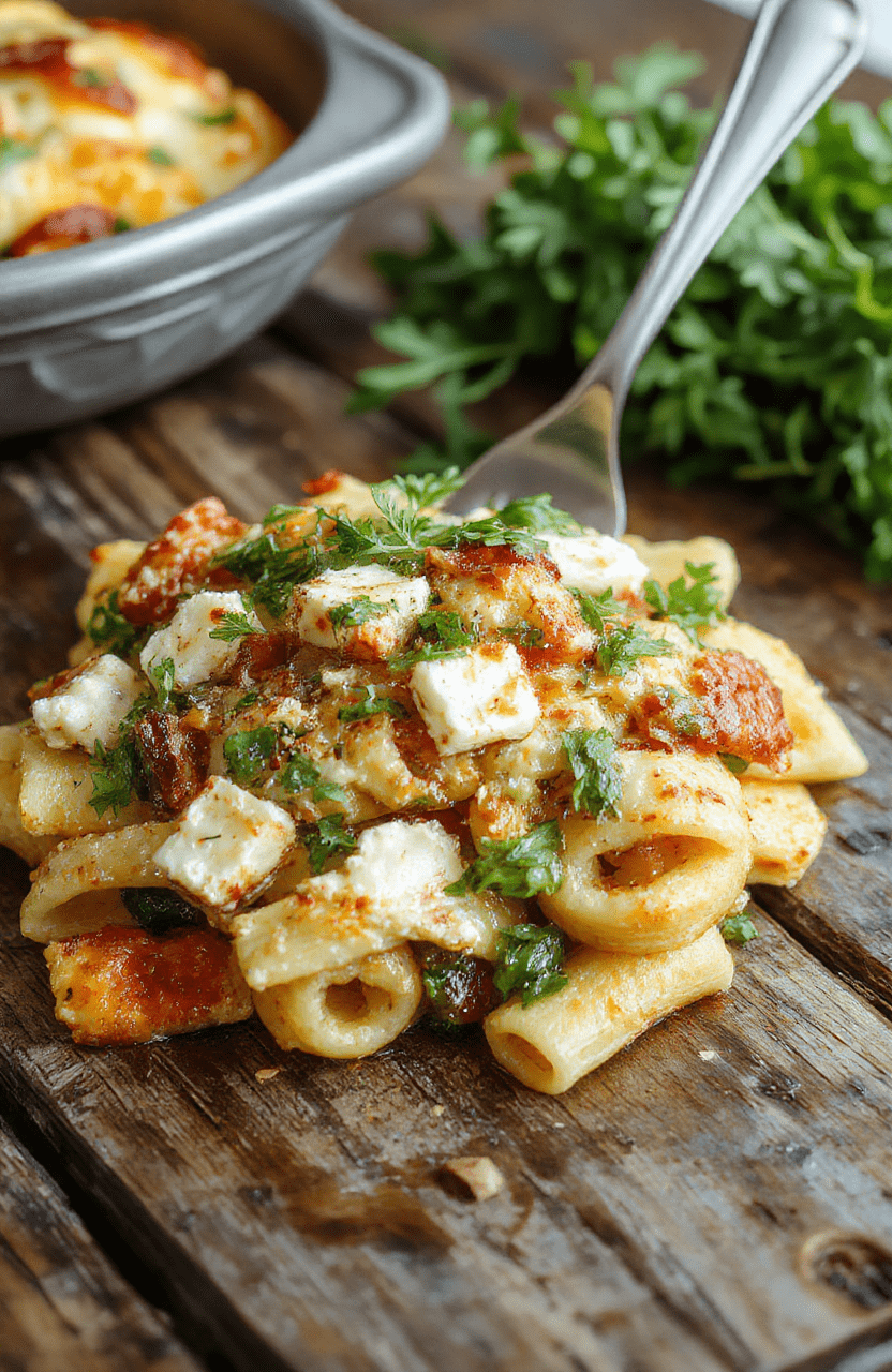 A vibrant plate of baked feta veggie pasta featuring creamy feta cheese, colorful cherry tomatoes, zucchini, and fresh herbs, beautifully plated on a rustic white dish with a sprinkle of basil, capturing textures of melted cheese, roasted vegetables, and al dente pasta under soft natural light.