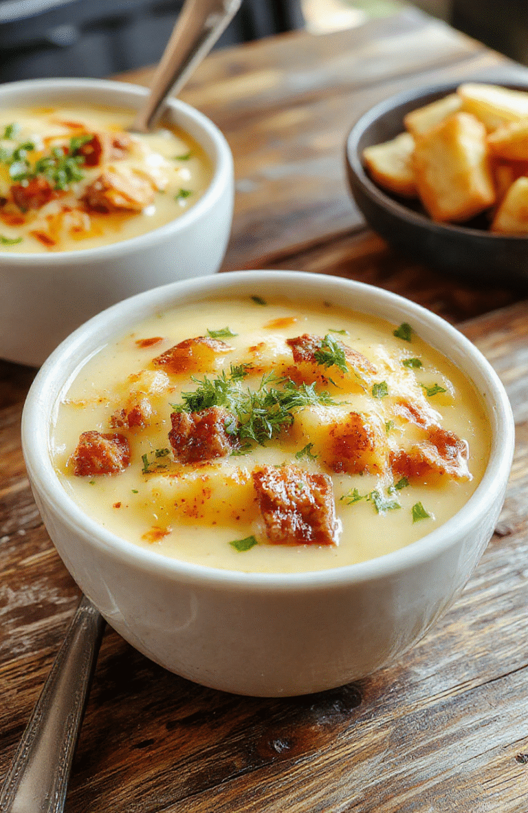 A vibrant bowl of cheesy cheesesteak potato soup topped with melted cheese, green onions, and diced steak slices, served in a rustic bowl on a wooden table with a spoon and a slice of crusty bread beside it.