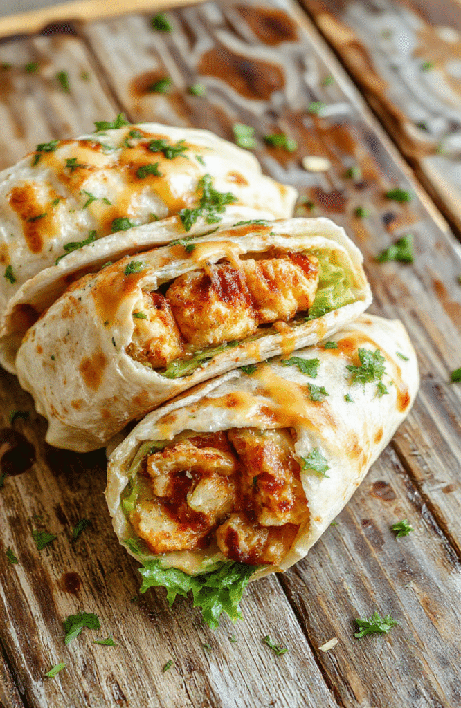 A close-up of cheesy garlic chicken wraps sliced open to reveal tender chicken, melted cheese, fresh garlic, and herbs, all wrapped in a golden toasted tortilla, styled on a rustic wooden board with a side of fresh greens and a drizzle of creamy sauce, vibrant colors and tempting textures.