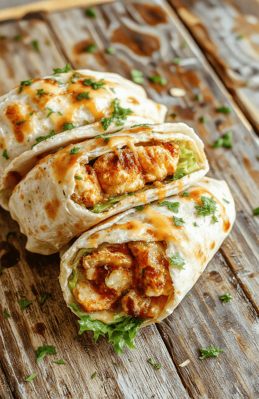 A close-up of cheesy garlic chicken wraps sliced open to reveal tender chicken, melted cheese, fresh garlic, and herbs, all wrapped in a golden toasted tortilla, styled on a rustic wooden board with a side of fresh greens and a drizzle of creamy sauce, vibrant colors and tempting textures.