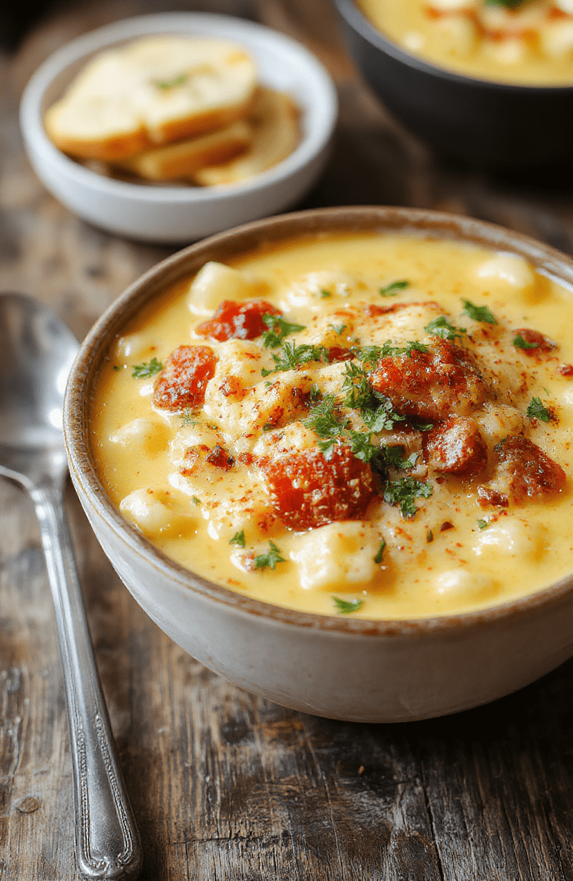 A vibrant bowl of cheesy macaroni cheeseburger soup garnished with chopped herbs, melted cheese, and crispy bacon bits, served on a rustic wooden table with a spoon, showcasing its creamy texture and hearty ingredients.