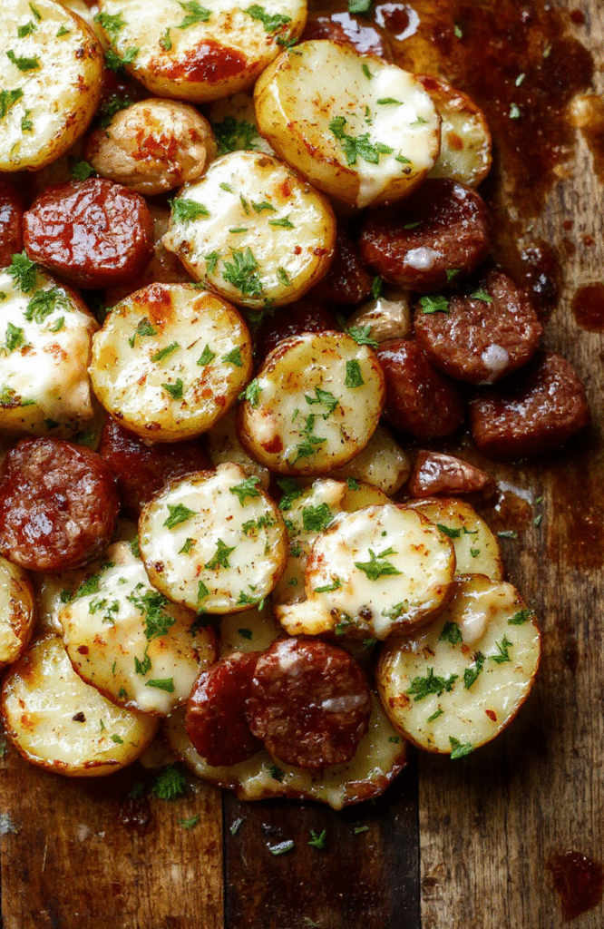 Colorful sheet pan meal with golden roasted potatoes, sliced smoked sausage, and melted cheese garnished with chopped fresh herbs, styled simply on a rustic wooden surface.