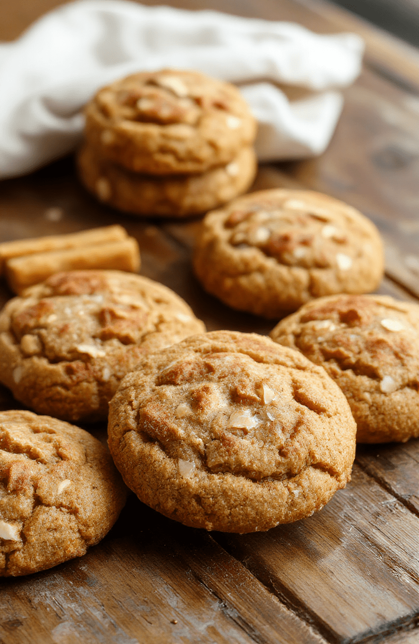 A plate of chewy brown butter pumpkin snickerdoodles with a golden-brown exterior, sprinkled with cinnamon sugar, on a rustic wooden surface with a fall-themed backdrop of leaves and pumpkins, styled with minimal natural props emphasizing textures and warm tones.