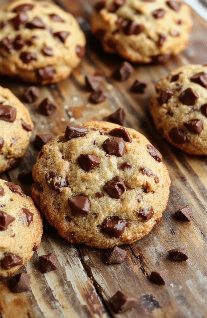 A close-up of a stack of golden-brown, perfectly chewy chocolate chip cookies with melty chocolate chunks visible, arranged on a rustic wooden surface with a few cookies broken open to reveal gooey centers, styled with a light dusting of sea salt and a few chocolate chips scattered around.