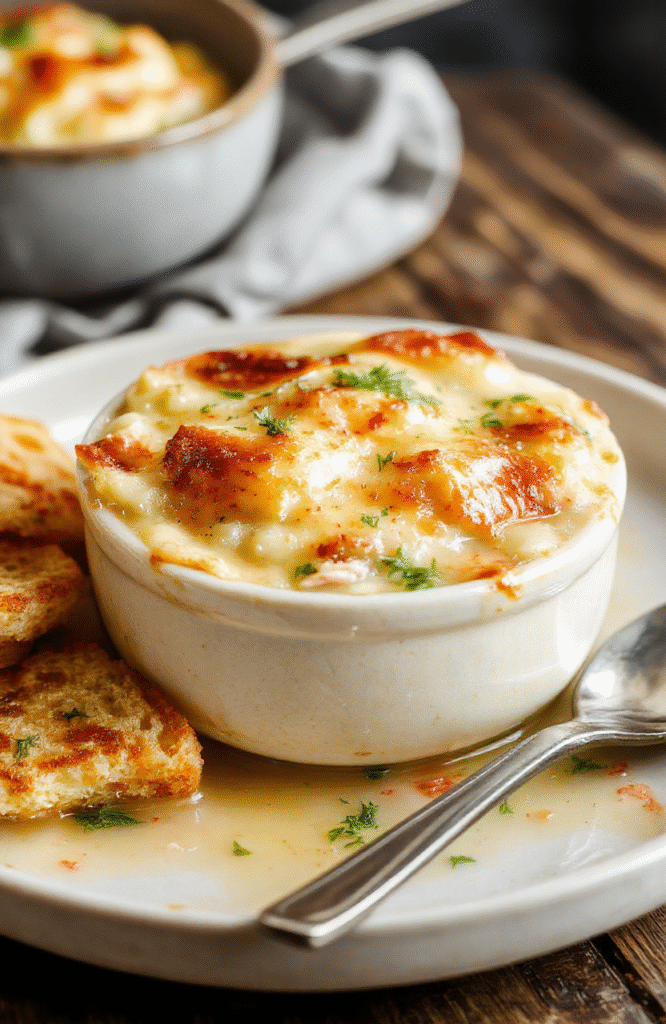 A warm bowl of chicken pot pie soup with a golden crust topping, surrounded by fresh herbs and vegetables, steaming and inviting, styled simply on a rustic wooden table with natural lighting.