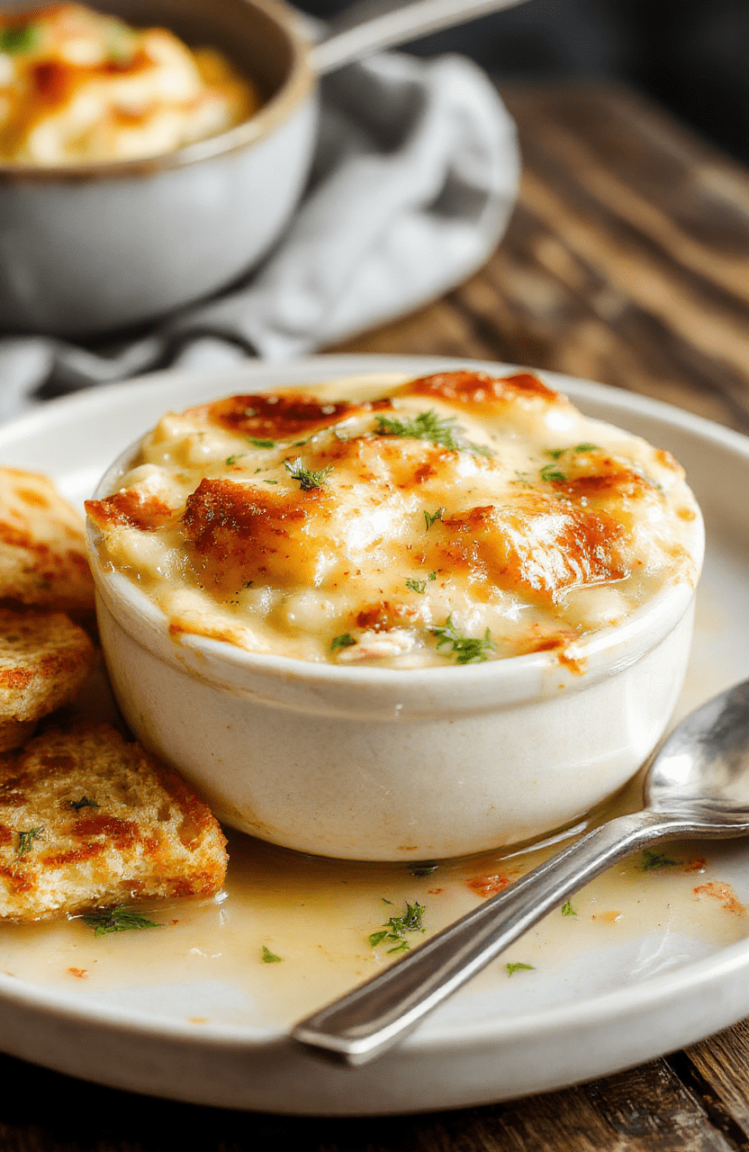 A warm bowl of chicken pot pie soup with a golden crust topping, surrounded by fresh herbs and vegetables, steaming and inviting, styled simply on a rustic wooden table with natural lighting.