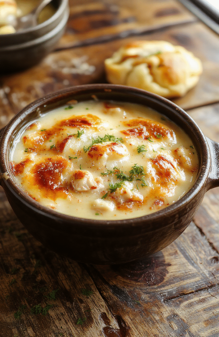 A hearty chicken pot pie served in a rustic casserole dish, golden flaky crust topping with tender chunks of chicken, vegetables, and creamy sauce visible through a slice, garnished with fresh herbs, styled on a wooden table with warm natural light.