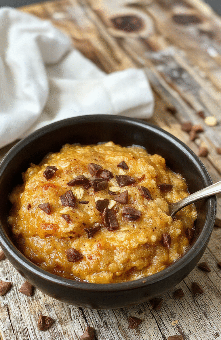 A bowl of warm pumpkin baked oatmeal topped with a sprinkle of cinnamon and chopped pecans, surrounded by fresh pumpkin slices and autumn leaves, styled on a rustic wooden table with a cozy fall ambiance.