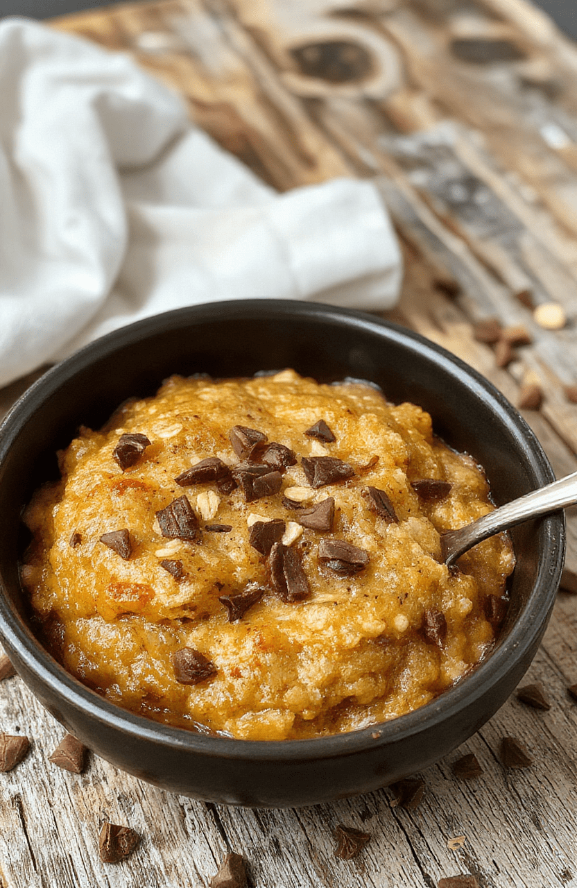 A bowl of warm pumpkin baked oatmeal topped with a sprinkle of cinnamon and chopped pecans, surrounded by fresh pumpkin slices and autumn leaves, styled on a rustic wooden table with a cozy fall ambiance.