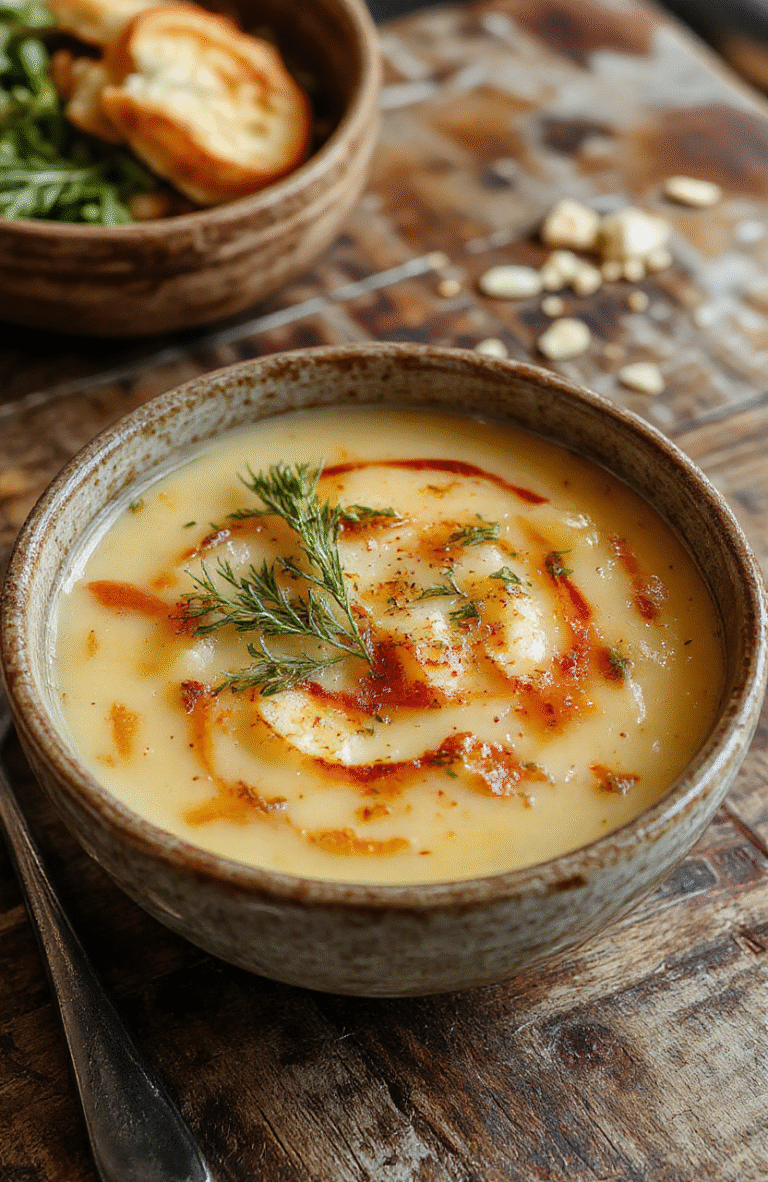 A warm bowl of French onion soup topped with toasted bread and melted cheese, garnished with fresh thyme, served on a rustic wooden table with a cozy ambiance.