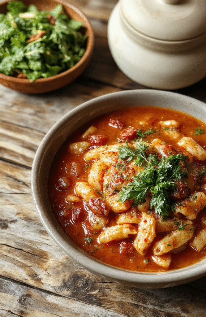A bowl of hearty pasta fagioli soup featuring diced tomatoes, cannellini beans, small pasta, fresh herbs, and grated cheese, garnished with parsley, displayed on a rustic wooden table with a spoon, warm lighting emphasizing the creamy texture and vibrant colors.