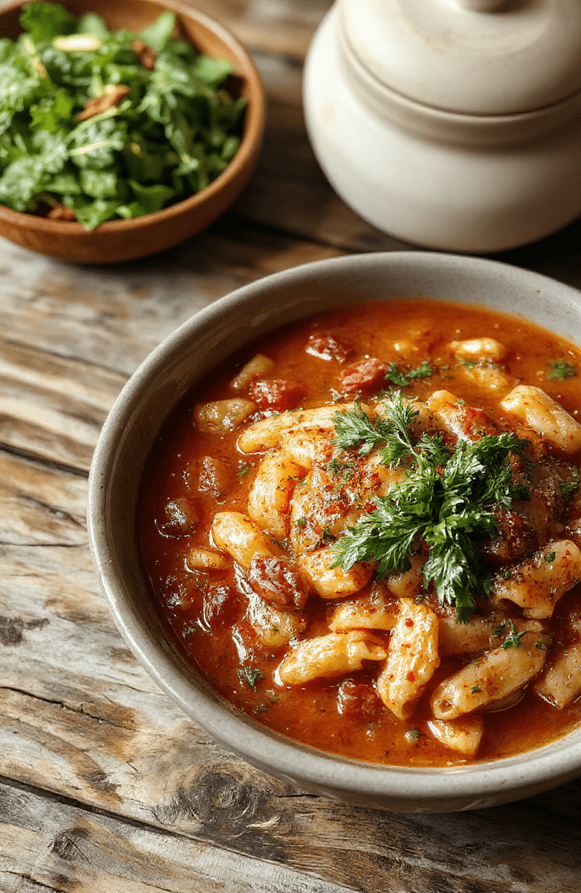 A bowl of hearty pasta fagioli soup featuring diced tomatoes, cannellini beans, small pasta, fresh herbs, and grated cheese, garnished with parsley, displayed on a rustic wooden table with a spoon, warm lighting emphasizing the creamy texture and vibrant colors.