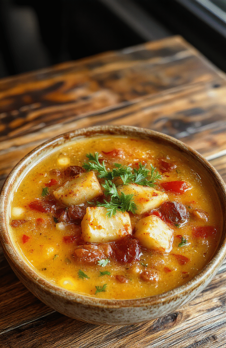 A bowl of hearty lentil and potato soup with a thick, creamy texture, garnished with fresh herbs and a drizzle of olive oil, served alongside rustic bread on a wooden table with warm, inviting lighting.