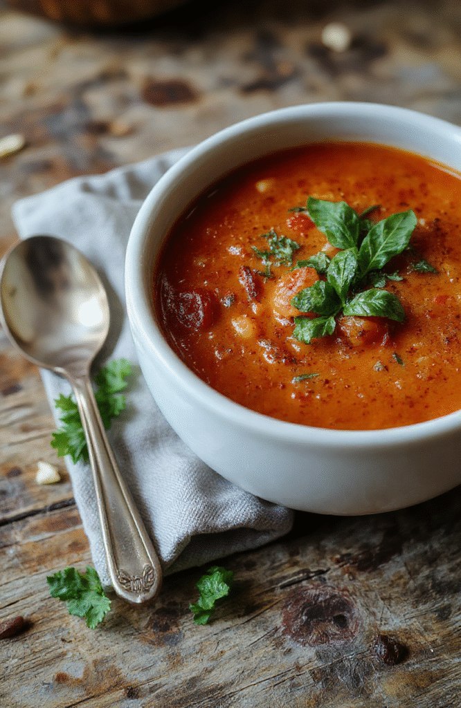 A vibrant bowl of roasted tomato basil soup garnished with fresh basil leaves, served with bread on a rustic wooden table, showcasing its rich red color, silky texture, and fresh herb topping.