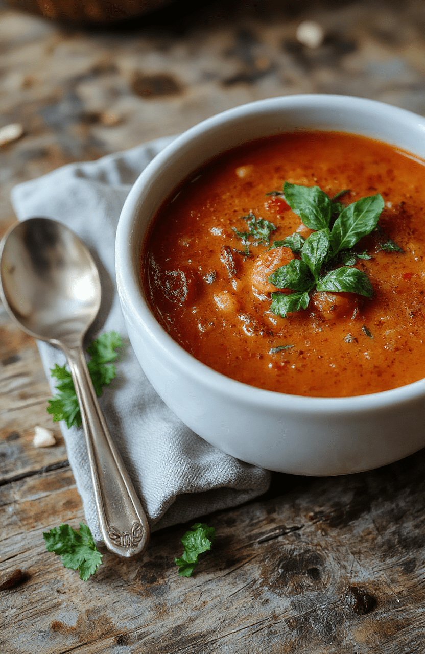 A vibrant bowl of roasted tomato basil soup garnished with fresh basil leaves, served with bread on a rustic wooden table, showcasing its rich red color, silky texture, and fresh herb topping.