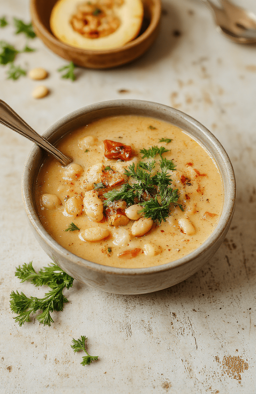 A warm bowl of Tuscan white bean soup topped with fresh herbs, drizzled with olive oil, served in a rustic white bowl on a wooden table, with crusty bread on the side, steam rising, vibrant colors, textured ingredients, inviting and hearty presentation.
