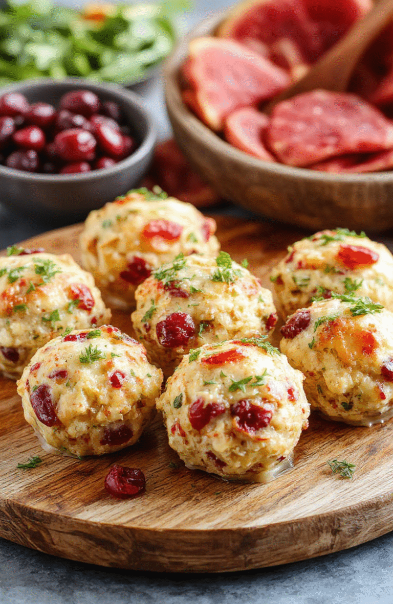 A close-up of golden-brown cranberry turkey stuffing balls arranged on a rustic wooden platter garnished with sprigs of fresh herbs, with a side of cranberry sauce and a festive holiday table backdrop featuring candles and holiday decorations.