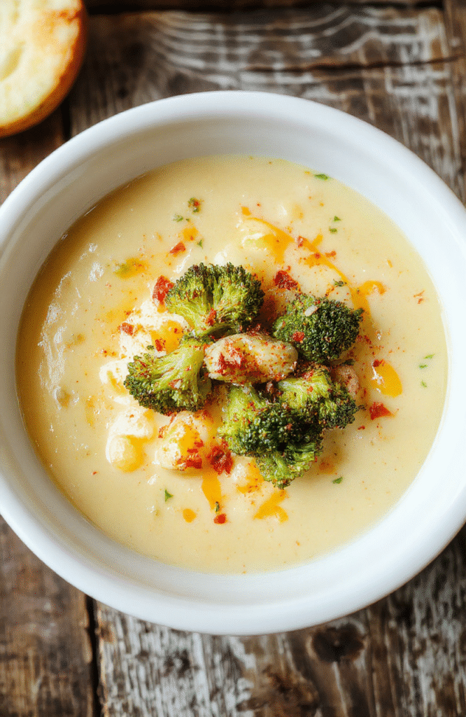 A bowl of creamy broccoli cheddar potato soup with vibrant green broccoli florets and melted cheddar cheese on top, served in a rustic white bowl on a wooden table, with a spoon and a sprig of fresh thyme, inviting and warm visual.