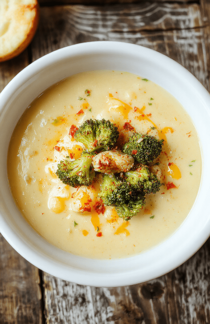 A bowl of creamy broccoli cheddar potato soup with vibrant green broccoli florets and melted cheddar cheese on top, served in a rustic white bowl on a wooden table, with a spoon and a sprig of fresh thyme, inviting and warm visual.