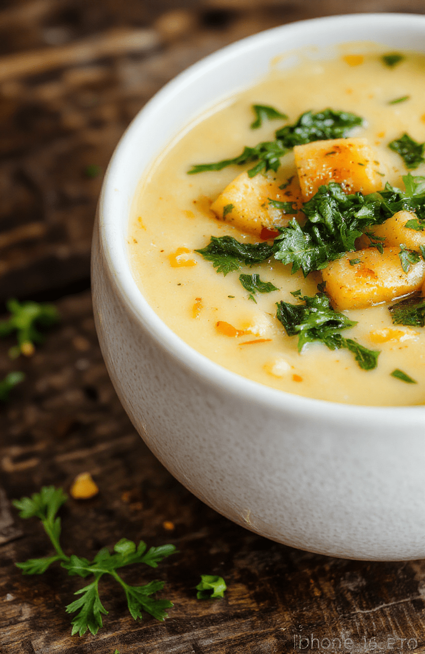 a vibrant bowl of creamy butternut squash soup topped with fresh kale leaves and a drizzle of cream, served with a rustic spoon on a wooden table. The bright orange soup contrasts with the dark green kale, textures visible through the smooth surface, styled with a cozy fall ambiance.