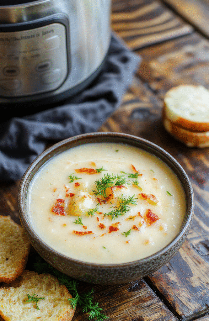 A warm bowl of cheesy, loaded potato soup garnished with fresh herbs and a sprinkle of cheddar cheese, set on a rustic wooden table with bread slices in the background