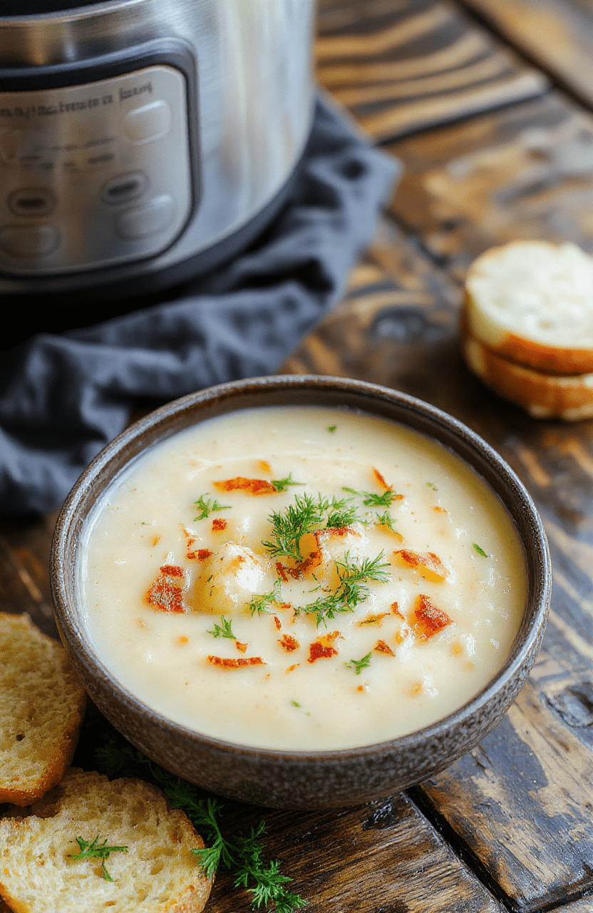 A warm bowl of cheesy, loaded potato soup garnished with fresh herbs and a sprinkle of cheddar cheese, set on a rustic wooden table with bread slices in the background